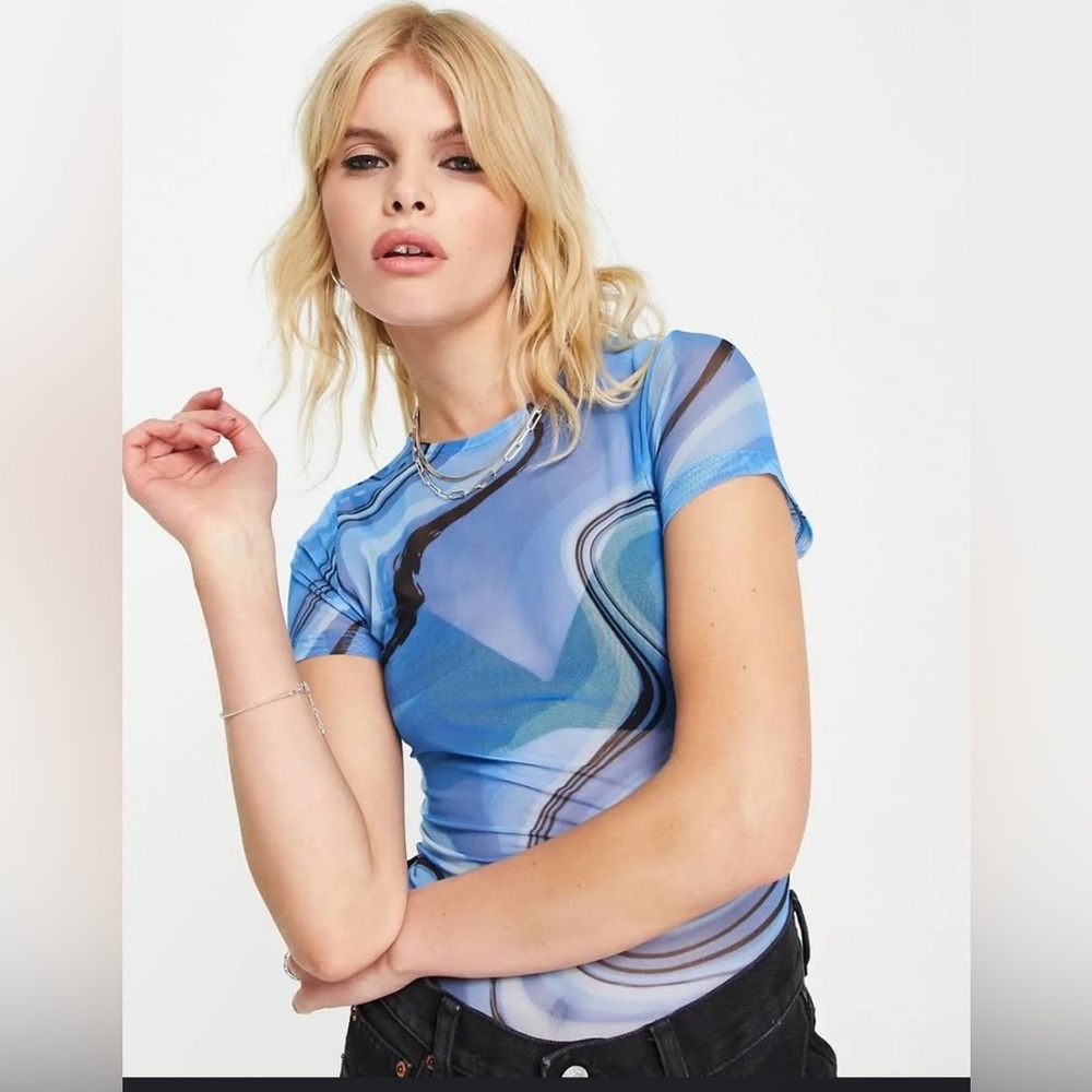 ASOS DESIGN mesh short sleeve bodysuit in blue marble print